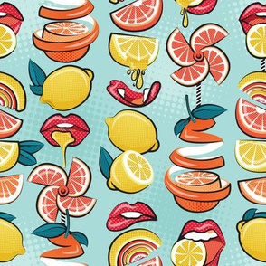 Small scale // Pop art citrus addiction // aqua background red lips yellow and orange lemons and citrus fruits