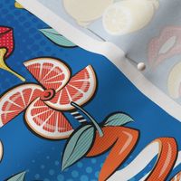Small scale // Pop art citrus addiction // denim blue background red lips yellow and orange lemons and citrus fruits