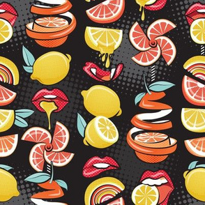 Small scale // Pop art citrus addiction // black background red lips yellow and orange lemons and citrus fruits