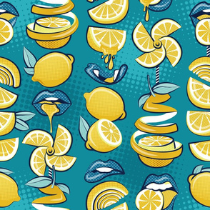 Normal scale // Pop art citrus addiction // teal background blue lips yellow lemons and citrus fruits