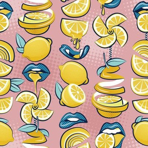 Small scale // Pop art citrus addiction // blush pink background blue lips yellow lemons and citrus fruits