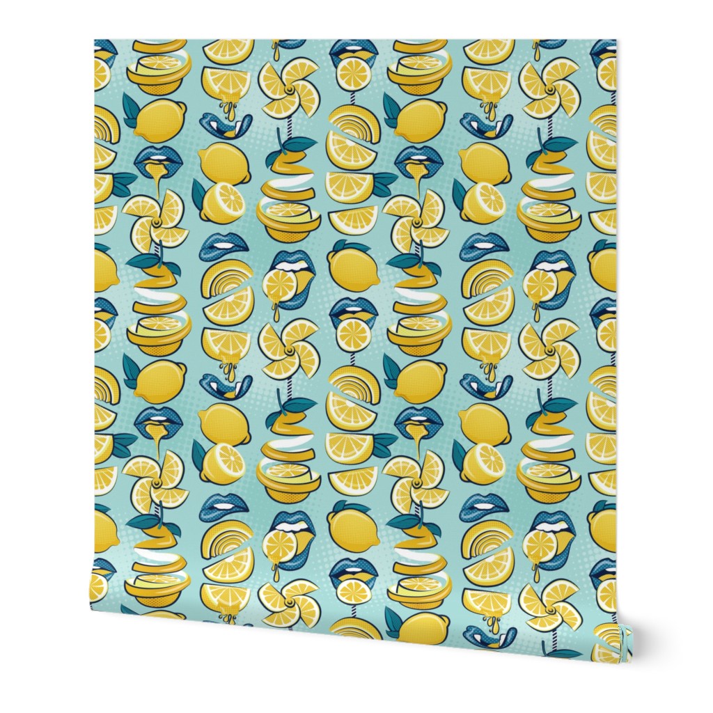 Small scale // Pop art citrus addiction // aqua background blue lips yellow lemons and citrus fruits