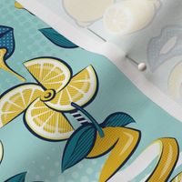 Small scale // Pop art citrus addiction // aqua background blue lips yellow lemons and citrus fruits
