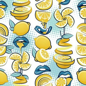 Small scale // Pop art citrus addiction // white background blue lips yellow lemons and citrus fruits