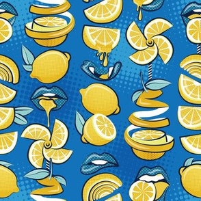 Small scale // Pop art citrus addiction // denim blue background blue lips yellow lemons and citrus fruits