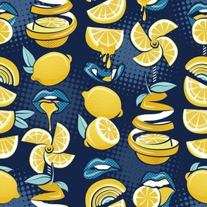 Small scale // Pop art citrus addiction // navy blue background blue lips yellow lemons and citrus fruits