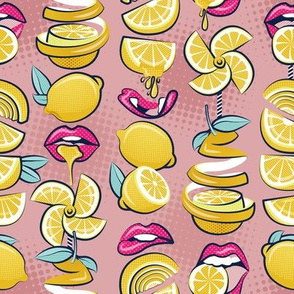 Small scale // Pop art citrus addiction // blush pink background fuchsia pink lips yellow lemons and citrus fruits