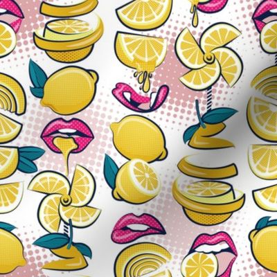 Small scale // Pop art citrus addiction // white background fuchsia pink lips yellow lemons and citrus fruits