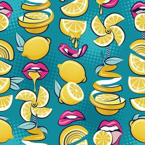 Small scale // Pop art citrus addiction // teal background fuchsia pink lips yellow lemons and citrus fruits