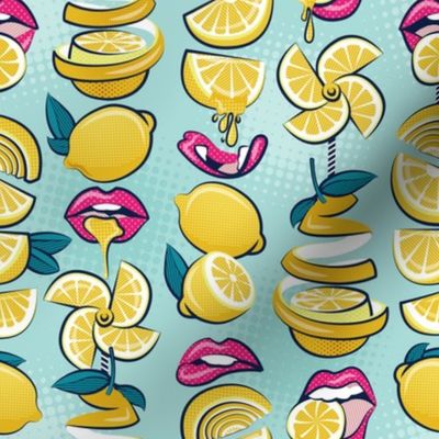 Small scale // Pop art citrus addiction // aqua background fuchsia pink lips yellow lemons and citrus fruits