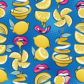 Small scale // Pop art citrus addiction // denim blue background fuchsia pink lips yellow lemons and citrus fruits