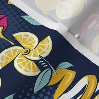 Small scale // Pop art citrus addiction // navy blue background fuchsia pink lips yellow lemons and citrus fruits