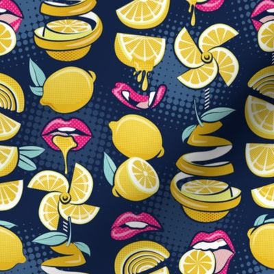 Small scale // Pop art citrus addiction // navy blue background fuchsia pink lips yellow lemons and citrus fruits