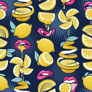 Small scale // Pop art citrus addiction // navy blue background fuchsia pink lips yellow lemons and citrus fruits