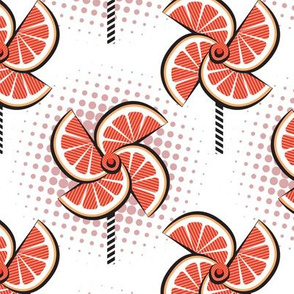 Normal scale // Pop art orange fan blowers // white background orange fruits