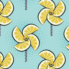 Normal scale // Pop art lemon fan blowers // aqua background yellow fruits