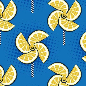 Normal scale // Pop art lemon fan blowers // denim blue background yellow fruits