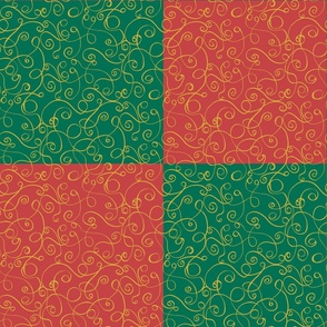 Gold Scrolls on a Red and Green Checked Background