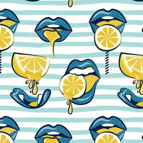 Small scale // Pop art juicy mouths // aqua lined stripes background blue lips yellow lemon fruits