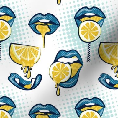 Small scale // Pop art juicy mouths // white background blue lips yellow lemon fruits
