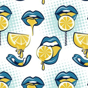 Small scale // Pop art juicy mouths // white background blue lips yellow lemon fruits