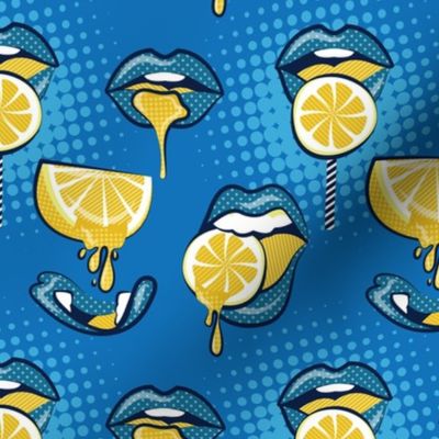 Small scale // Pop art juicy mouths // denim blue background blue lips yellow lemon fruits