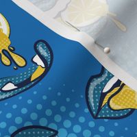 Small scale // Pop art juicy mouths // denim blue background blue lips yellow lemon fruits