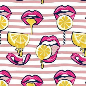 Small scale // Pop art juicy mouths // blush pink lined stripes background fuchsia pink lips yellow lemon fruits