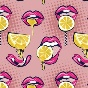 Small scale // Pop art juicy mouths // blush pink background fuchsia pink lips yellow lemon fruits