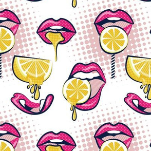 Small scale // Pop art juicy mouths // white background fuchsia pink lips yellow lemon fruits