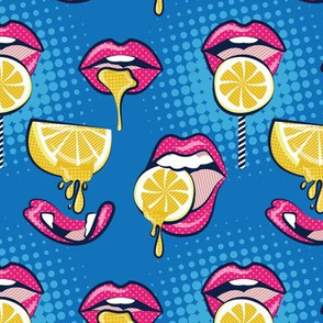 Small scale // Pop art juicy mouths // denim blue background fuchsia pink lips yellow lemon fruits