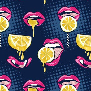 Small scale // Pop art juicy mouths // navy blue background fuchsia pink lips yellow lemon fruits