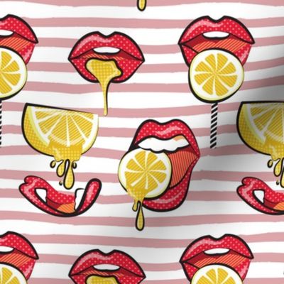 Small scale // Pop art juicy mouths // blush pink lined stripes background red lips yellow lemon fruits