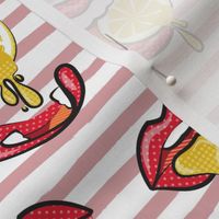 Small scale // Pop art juicy mouths // blush pink lined stripes background red lips yellow lemon fruits