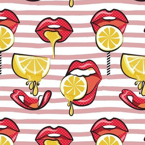 Small scale // Pop art juicy mouths // blush pink lined stripes background red lips yellow lemon fruits