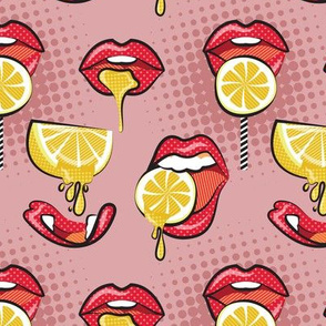 Small scale // Pop art juicy mouths // blush pink background red lips yellow lemon fruits