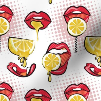 Small scale // Pop art juicy mouths // white background red lips yellow lemon fruits