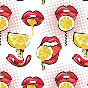 Small scale // Pop art juicy mouths // white background red lips yellow lemon fruits