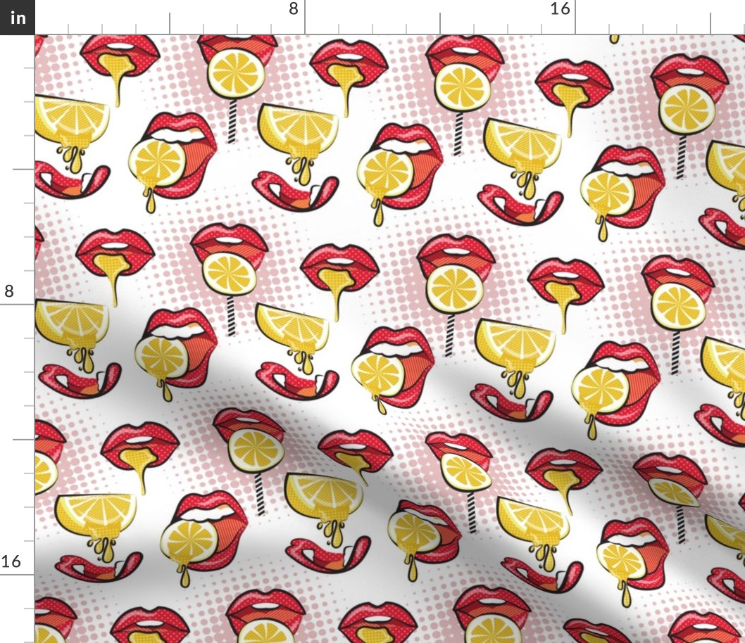 Small scale // Pop art juicy mouths // white background red lips yellow lemon fruits