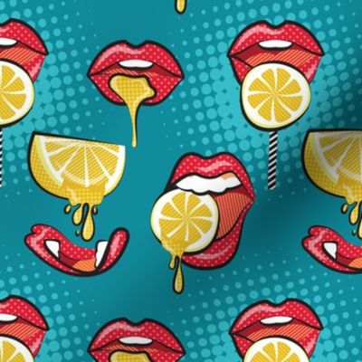 Small scale // Pop art juicy mouths // teal background red lips yellow lemon fruits