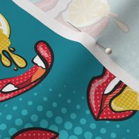 Small scale // Pop art juicy mouths // teal background red lips yellow lemon fruits