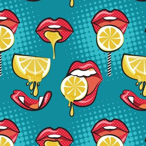 Small scale // Pop art juicy mouths // teal background red lips yellow lemon fruits