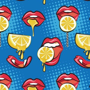 Small scale // Pop art juicy mouths // denim blue background red lips yellow lemon fruits