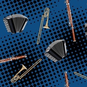 let's start a band! classic blue pantone colour of the year 2020 - accordion, bassoon and trombone toss