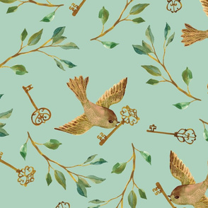 Birds and Keys {Celadon} - large