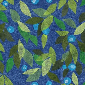 Blue Berry Green Leaves Papercut Paper Collage Floral Pattern