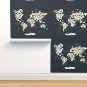 Cartoon animal world map on dark grey background Size Yards (42 width)