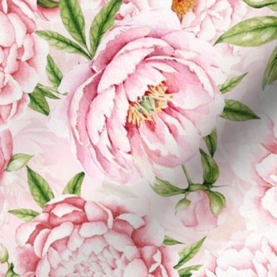 12"  Hand painted watercolor blush peonies flower pattern fabric on pink-double layer