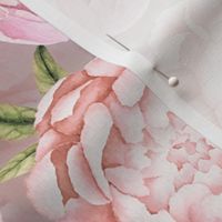 14"  Hand painted watercolor blush peonies flower pattern fabric on sepia gray-double layer