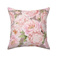 14"  Hand painted watercolor blush peonies flower pattern fabric on sepia gray-double layer